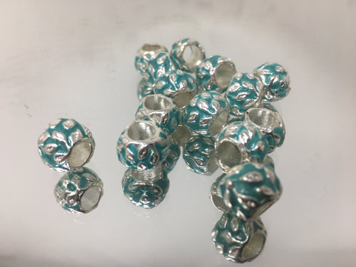 Tibetan Silver Enamel Beads with Green Geometric Design,  Spacer Beads, 4mm Hole 15pcs