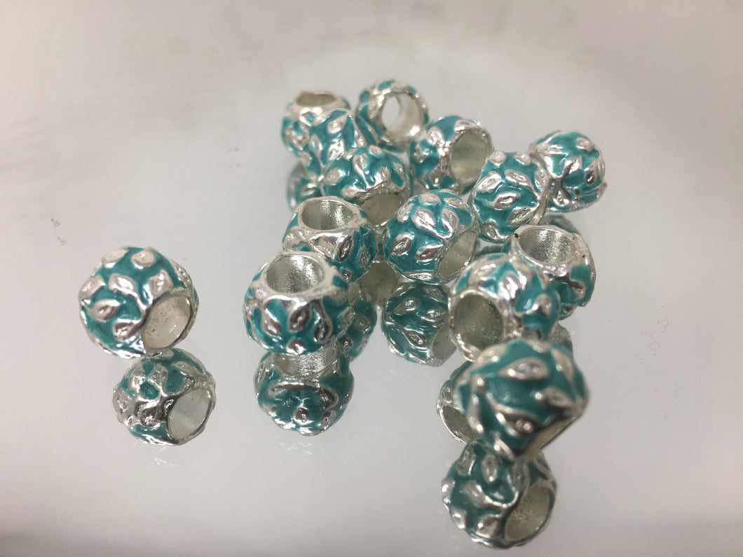 Tibetan Silver Enamel Beads with Green Geometric Design,  Spacer Beads, 4mm Hole 15pcs
