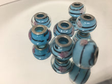 Handmade Murano Lampwork Large Hole Beads Blue With Design 4mm Hole 7pcs