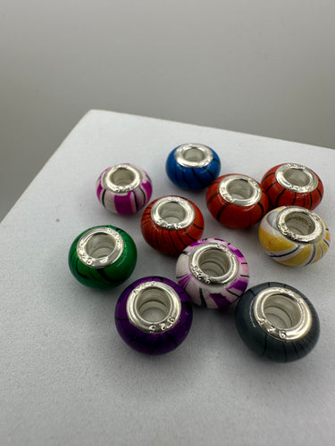 Multicolored Tiger Striped Lampwork Large Hole Beads 925 Silver Cores, 4mm Hole