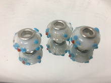 EB61 3D Lampwork Large Hole Beads White With Blue Flowers, 4mm Hole, 3pcs