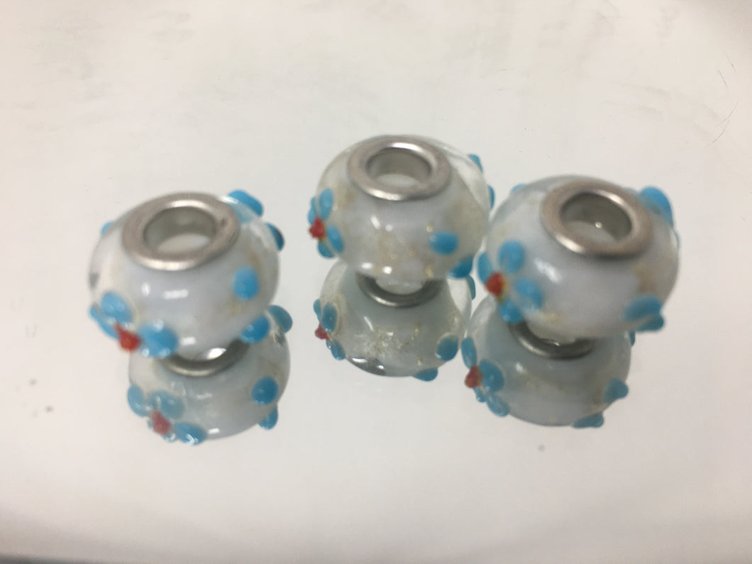 EB61 3D Lampwork Large Hole Beads White With Blue Flowers, 4mm Hole, 3pcs