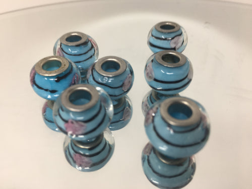 Handmade Murano Lampwork Large Hole Beads Blue With Design 4mm Hole 7pcs