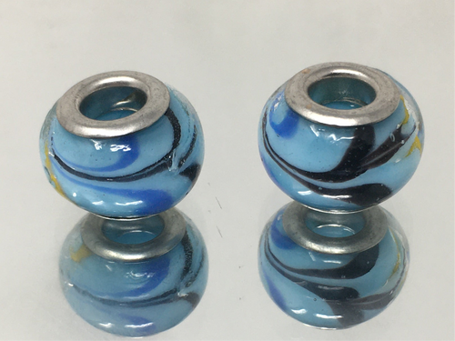Lampwork Glass Murano Beads with Black & Blue Swirls on Light Blue Background, 925 Silver Cores, 14mm 2 pcs