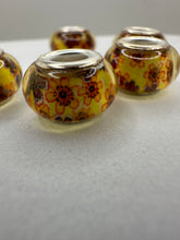Yellow Fiesta Beads with Orange Flowers, Lampwork Large Hole Beads Acrylic Beads, 4mm Hole, 5pcs