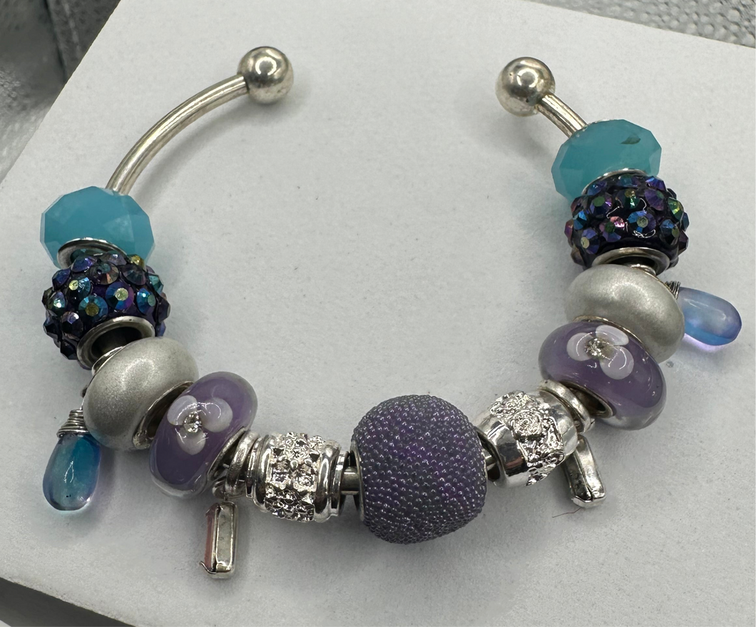 Eurobead Bangle Bracelet in Purple & Teal with Silver Accents & Crystals