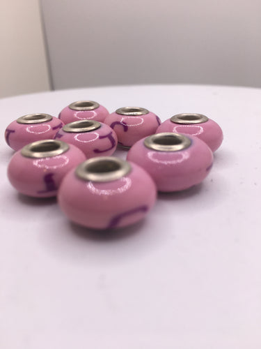Handmade European Large Hole Beads Pink With Design, 4mm Hole 8 Pcs