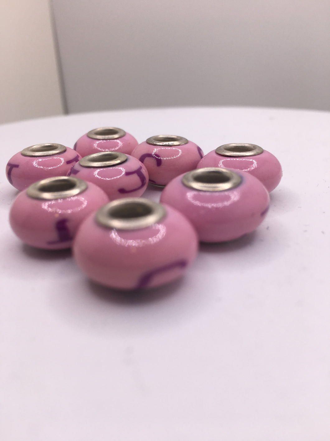 Handmade European Large Hole Beads Pink With Design, 4mm Hole 8 Pcs