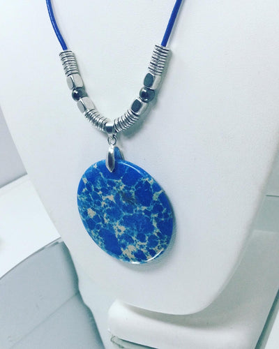 Blue Jasper Agate Pendant on Genuine Royal Blue Leather with Silver Spacer Bead Accents