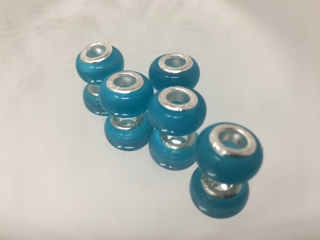 Lampwork Large Hole Beads Mat Light Blue With 925 Silver Cores, 4mm Hole 5pcs