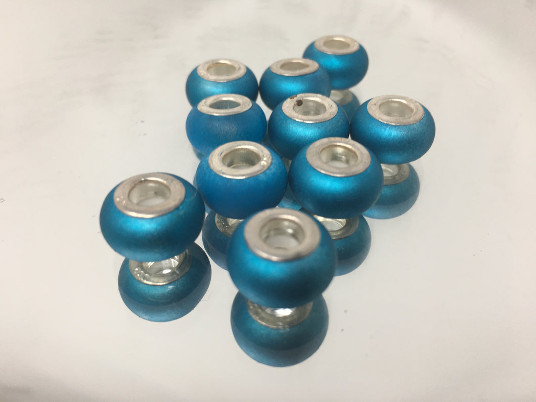 Lampwork Large Hole Beads Silver Cores and Turquoise Mat Blue 4mm Hole, 10pcs