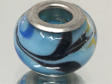 Lampwork Glass Murano Beads with Black & Blue Swirls on Light Blue Background, 925 Silver Cores, 14mm 2 pcs