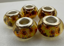 Yellow Fiesta Beads with Orange Flowers, Lampwork Large Hole Beads Acrylic Beads, 4mm Hole, 5pcs
