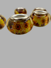 Yellow Fiesta Beads with Orange Flowers, Lampwork Large Hole Beads Acrylic Beads, 4mm Hole, 5pcs