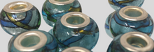 Handmade Lampwork Glass Large Hole Beads Blue With Shimmer and Green & Blue Stripe Design