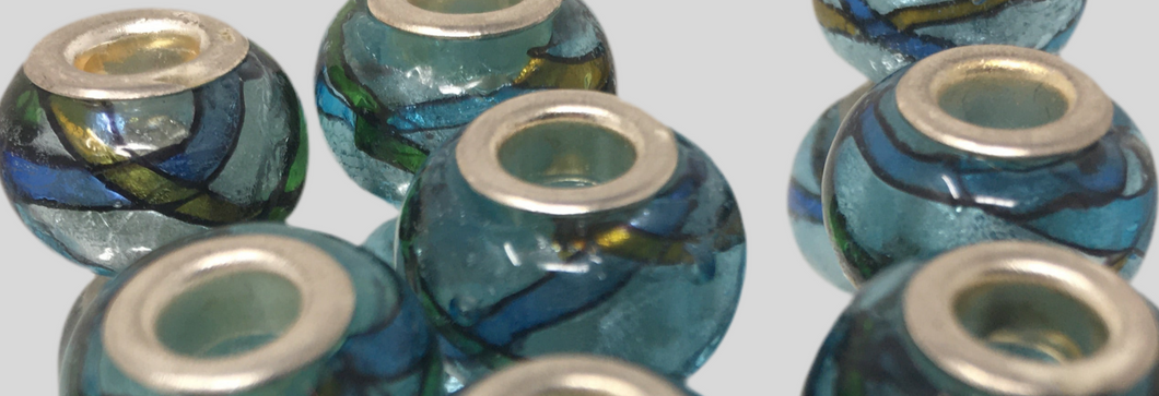 Handmade Lampwork Glass Large Hole Beads Blue With Shimmer and Green & Blue Stripe Design