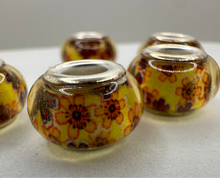 Yellow Fiesta Beads with Orange Flowers, Lampwork Large Hole Beads Acrylic Beads, 4mm Hole, 5pcs