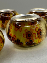 Yellow Fiesta Beads with Orange Flowers, Lampwork Large Hole Beads Acrylic Beads, 4mm Hole, 5pcs