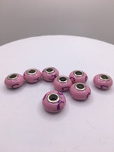 Handmade European Large Hole Beads Pink With Design, 4mm Hole 8 Pcs