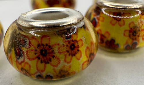 Yellow Fiesta Beads with Orange Flowers, Lampwork Large Hole Beads Acrylic Beads, 4mm Hole, 5pcs