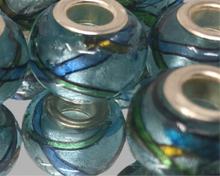 Handmade Lampwork Glass Large Hole Beads Blue With Shimmer and Green & Blue Stripe Design