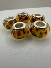 Yellow Fiesta Beads with Orange Flowers, Lampwork Large Hole Beads Acrylic Beads, 4mm Hole, 5pcs