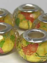 Facetted Acrylic Large Hole Beads in Yellow With. Orange Floral Design and 925 Silver Cores