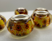 Yellow Fiesta Beads with Orange Flowers, Lampwork Large Hole Beads Acrylic Beads, 4mm Hole, 5pcs