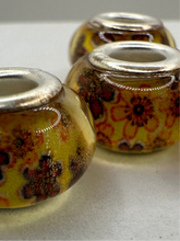 Yellow Fiesta Beads with Orange Flowers, Lampwork Large Hole Beads Acrylic Beads, 4mm Hole, 5pcs