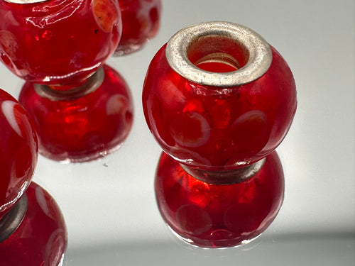 Handmade Lampwork Large Hole Red Eurobeads,Red with Polka Dots